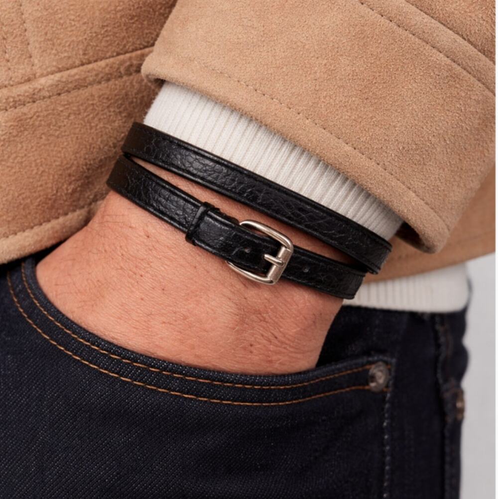 BALENCIAGA City Black Leather Buckle Double Wrap Bracelet $475